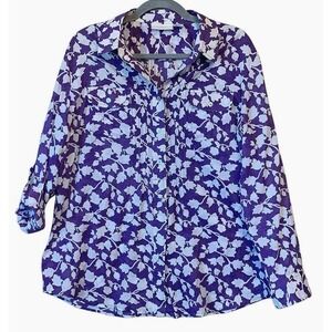 Chicos Blouse Tunic 100% Cotton US 12 Purple White Tab‎ Roll Sleeve Light Weight